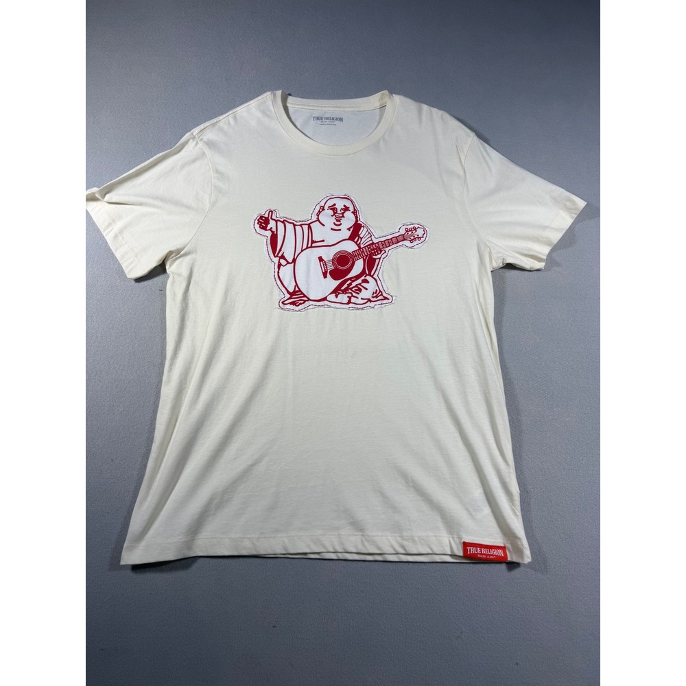 True Religion Mens XL Buddha Guitar Graphic T-Shirt Cream Red Short Sleeve Tee